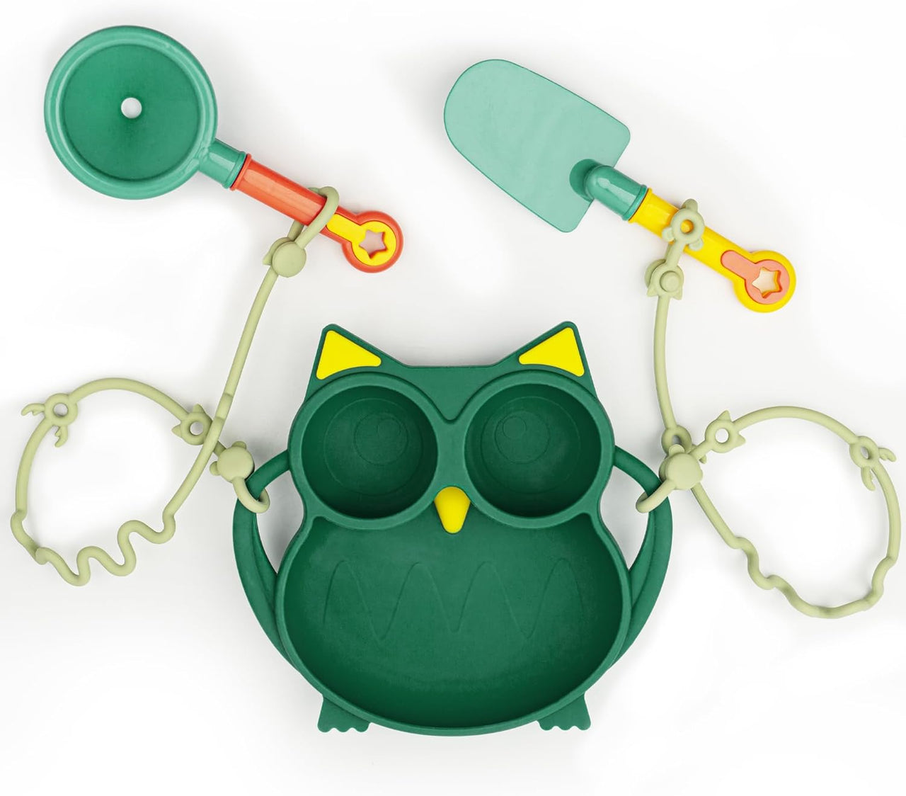 Silicone Suction Plate with 2 Adjustable Straps. Non-slip Divided Kids Plate Set for Baby Toddlers. Dishwasher Safe (Owl. Green)